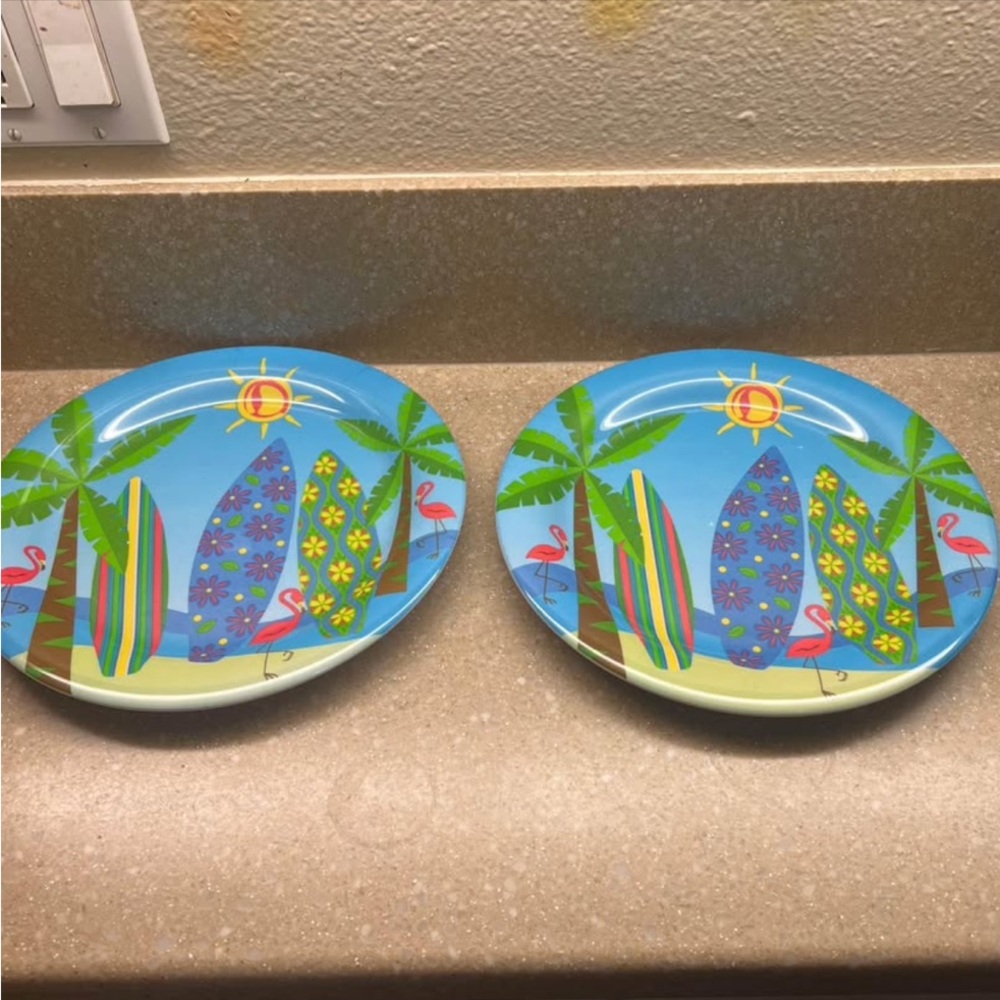 ⭐️ Set of 2 Blue and Green Tropical Surfboard Melamine Dinnerware Plates
